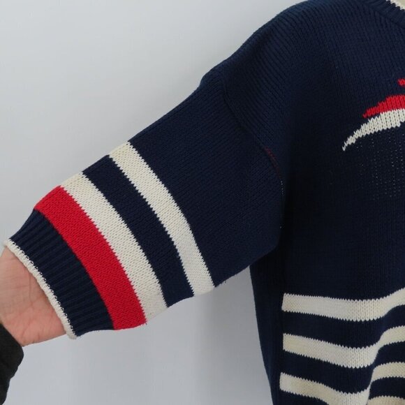 Sweater Loft Womens Medium Red White Blue Stripe Embroidered Crest Sweater Shirt - Picture 5 of 10